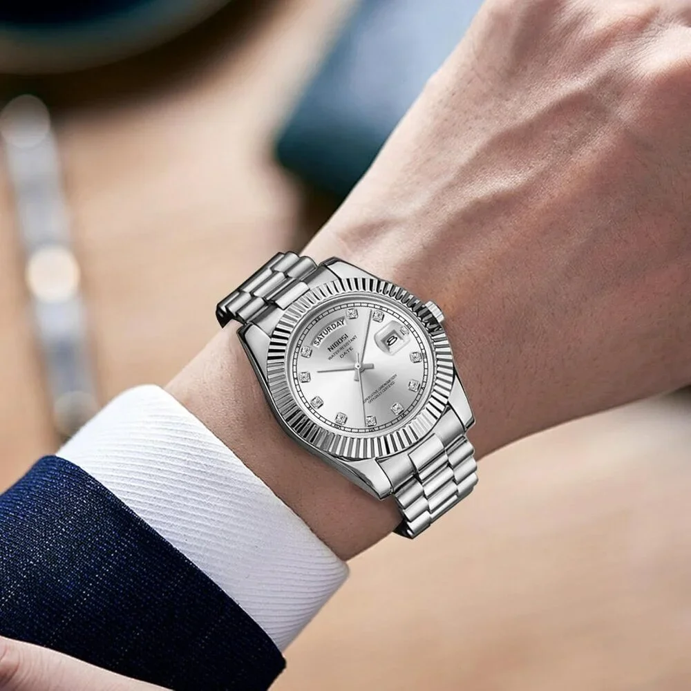 Men's All Silver Stainless Steel Analog Classic Design Stylish Wrist Dress Watch